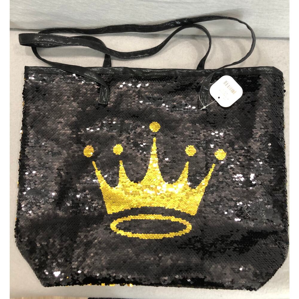 90s Y2K Retro Style Black Sequin Tote Bag Whimsical Gold Crown Logo & Pouch - Picture 7 of 15
